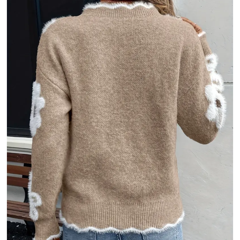 Liva Sweater med blomsterprint – damesweater med V-hals og strikkede detaljer