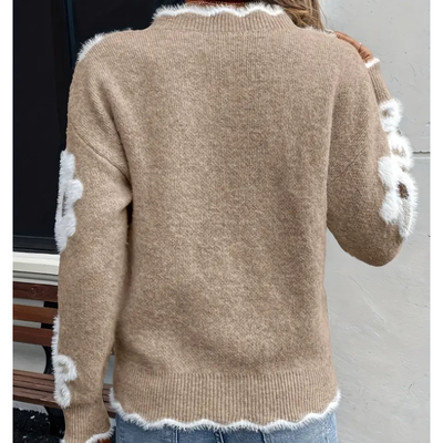 Liva Sweater med blomsterprint – damesweater med V-hals og strikkede detaljer