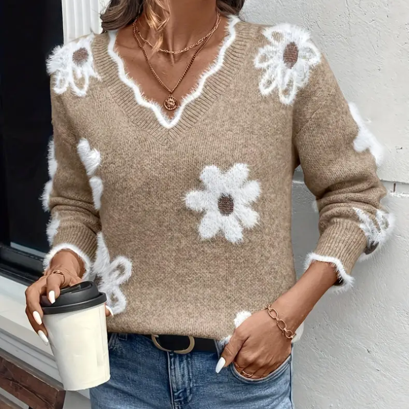 Liva Sweater med blomsterprint – damesweater med V-hals og strikkede detaljer
