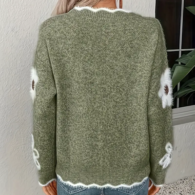 Liva Sweater med blomsterprint – damesweater med V-hals og strikkede detaljer