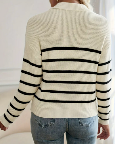 Victoria - Stribet Sweatshirt med Halv Lynlås